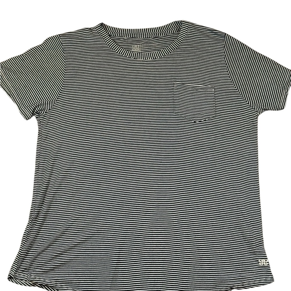 ALBION BASIC TEE, IVORY AND BLACK STRIPE WOMENS SIZE MEDIUM